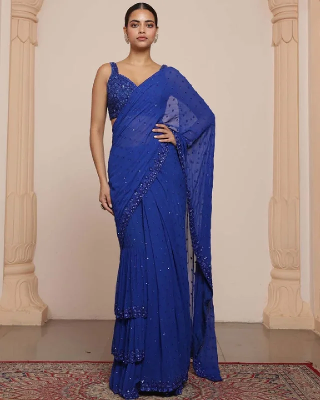 Women's Vacation Clothes Fashion-Forward Style Solid Electric Blue Heavy Tiered Ruffle Sari Set